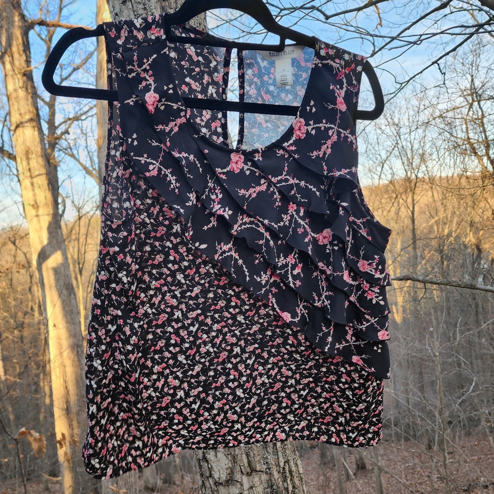 Asymmetrical Black and Pink Ruffled Blouse